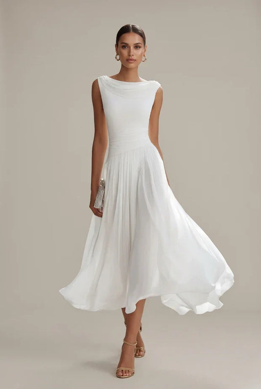 White sleeveless pleated midi dress with draped neckline and gathered waist