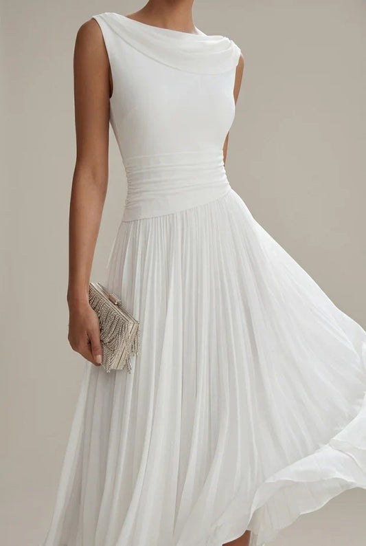 White sleeveless pleated midi dress with draped neckline and ruched waist