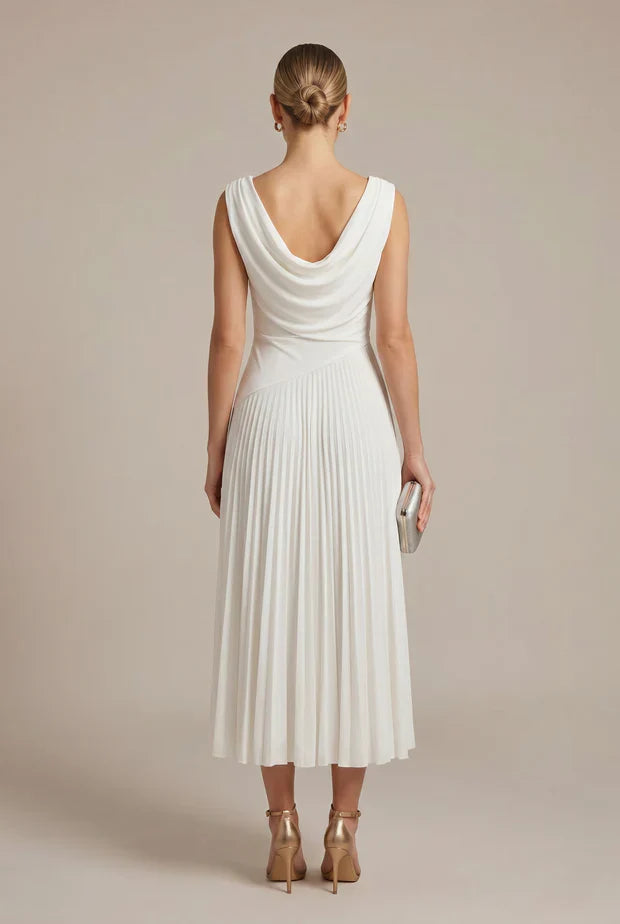 White sleeveless pleated midi dress with draped open back and gathered waist