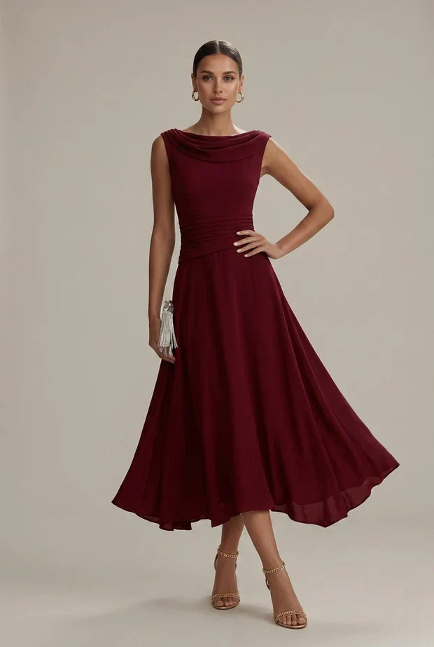 Wine red sleeveless pleated midi dress with draped neckline and flared skirt