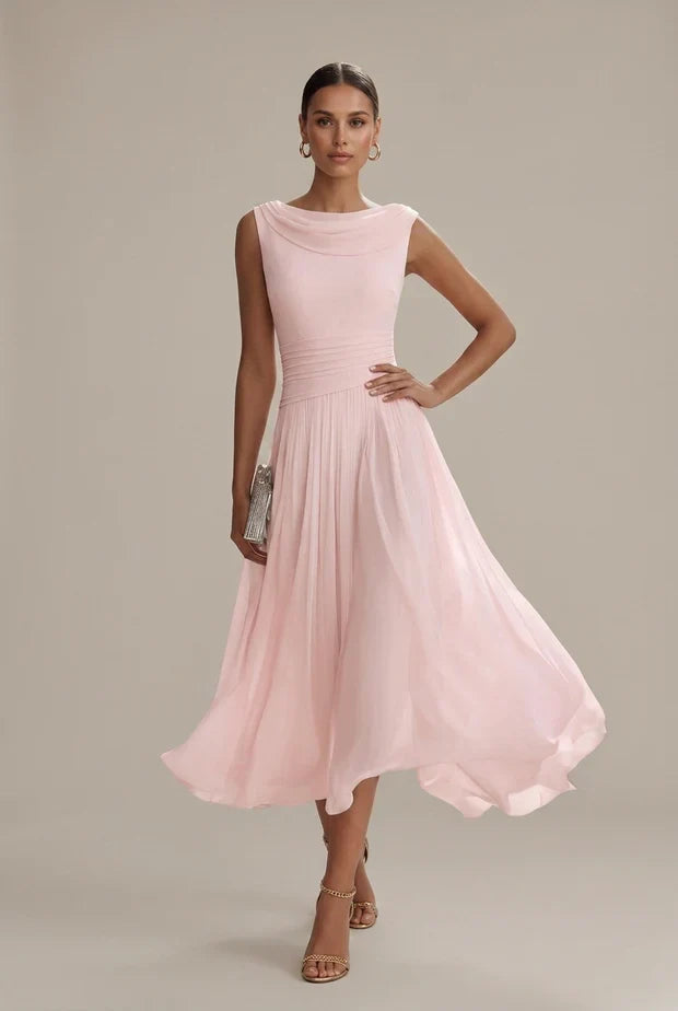 Pink sleeveless pleated midi dress with draped neckline and gathered waist