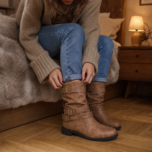 Brown slouchy mid-calf boots with double buckle straps, worn with jeans