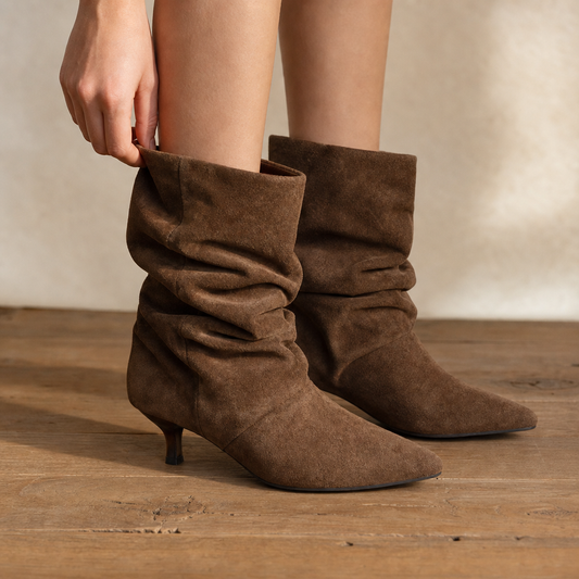 Slouchy suede pointed-toe ankle boots in dark brown with ruched shaft and kitten heel