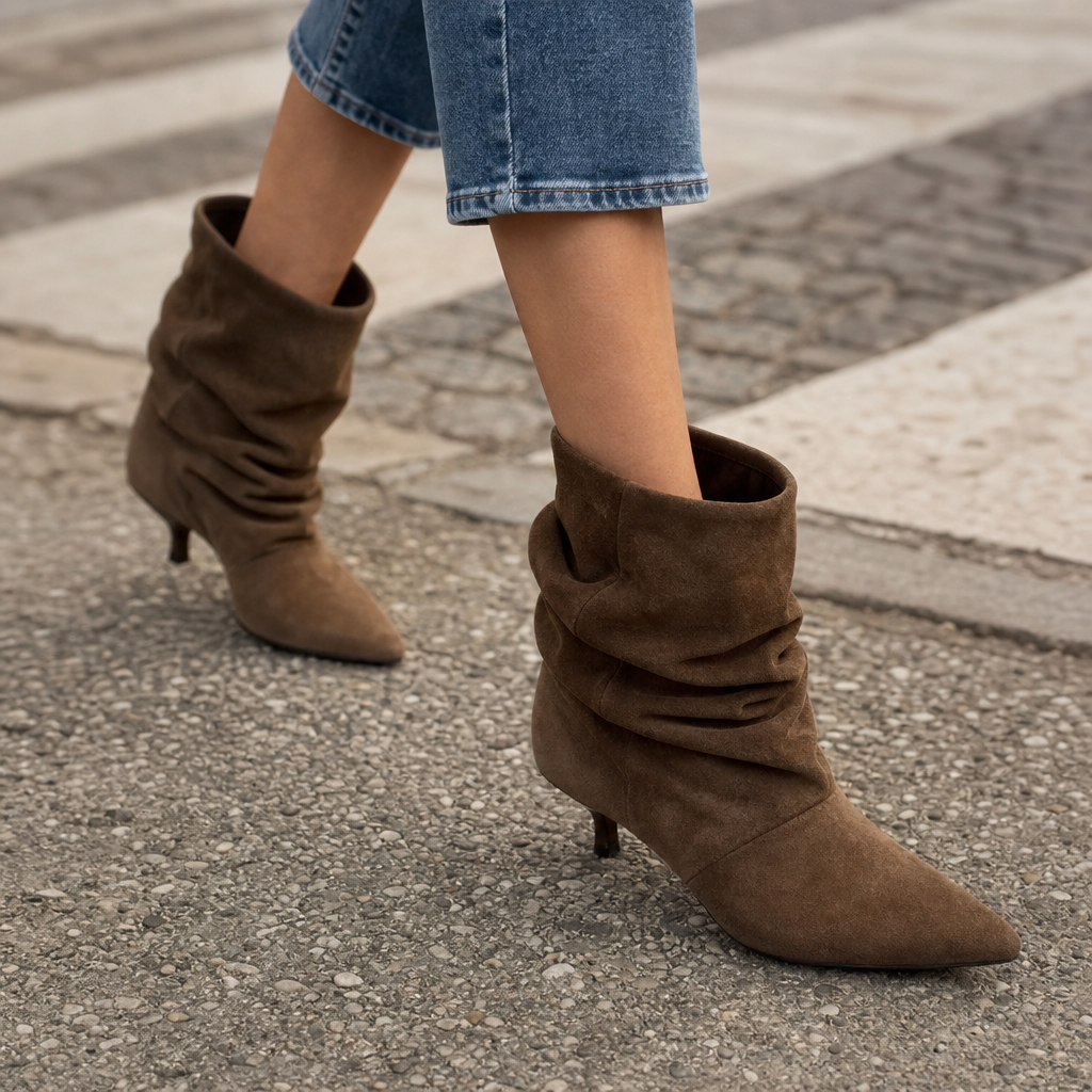 Slouchy suede pointed-toe ankle boots in medium brown with ruched upper and stiletto heel