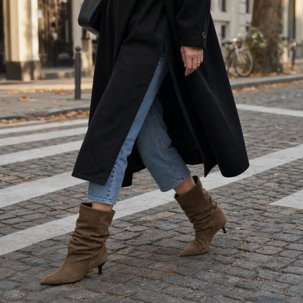 Slouchy suede pointed-toe ankle boots in dark brown with ruched upper and narrow heel