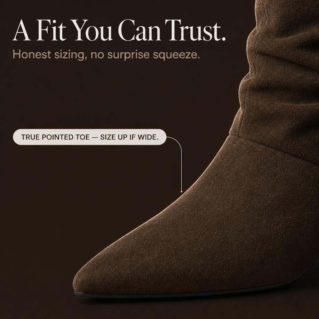 Slouchy suede pointed-toe ankle boot in dark brown with smooth, angled toe and ruched shaft