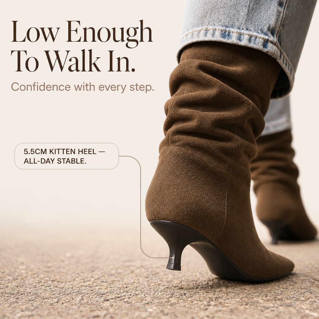 Slouchy suede pointed-toe ankle boots in medium brown with black heel and ruched upper