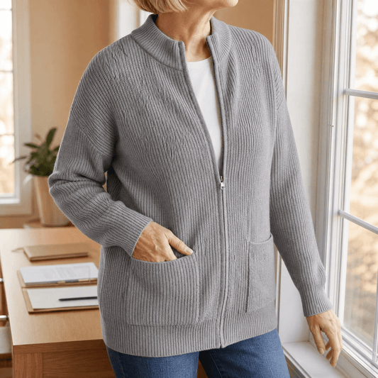 Gray knit zip-up cardigan with a stand collar and two front pockets