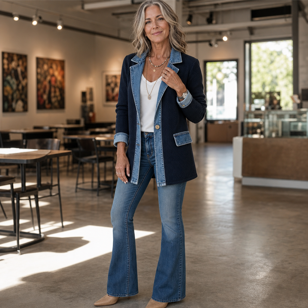 Spliced Denim Ribbed-Knit Longline Jacket