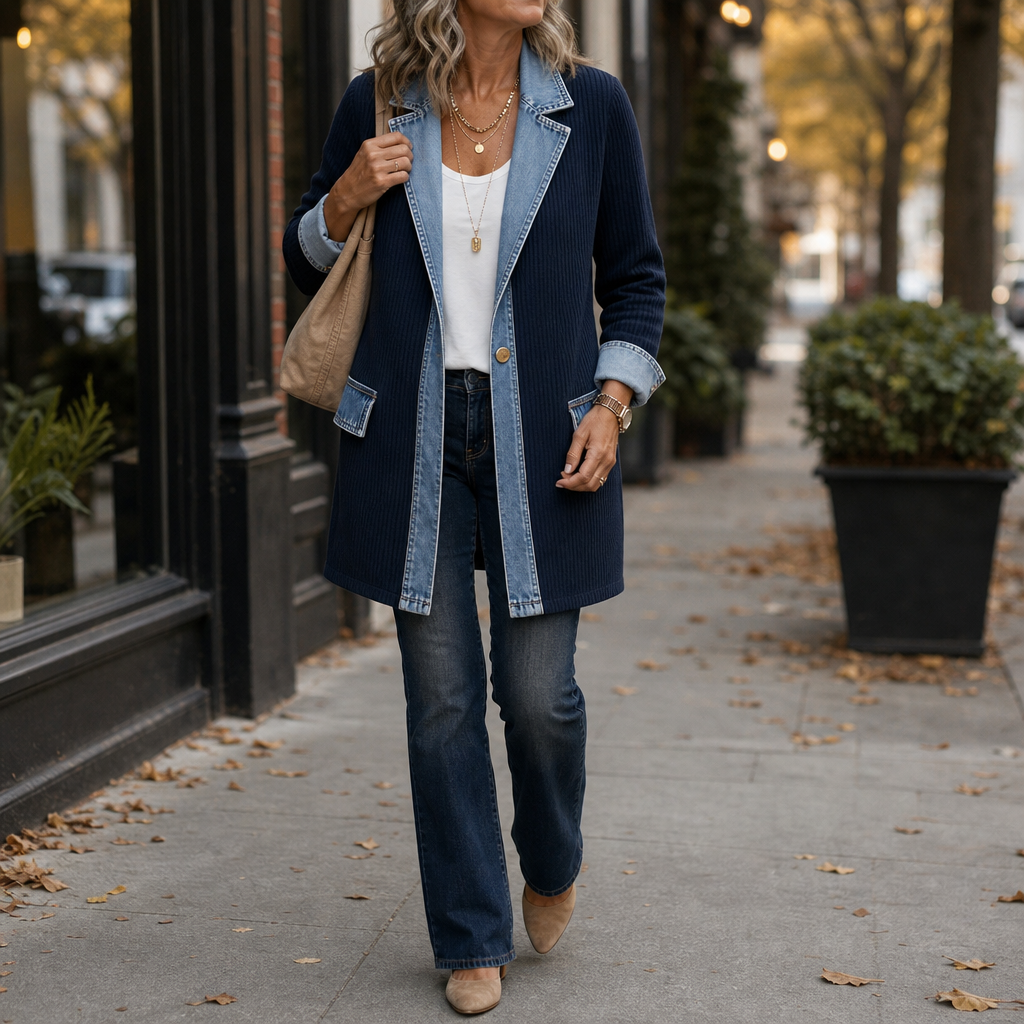 Spliced Denim Ribbed-Knit Longline Jacket