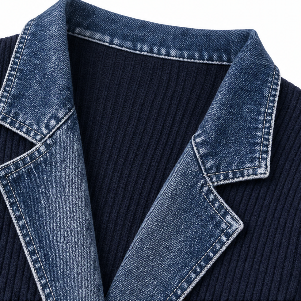 Spliced Denim Ribbed-Knit Longline Jacket