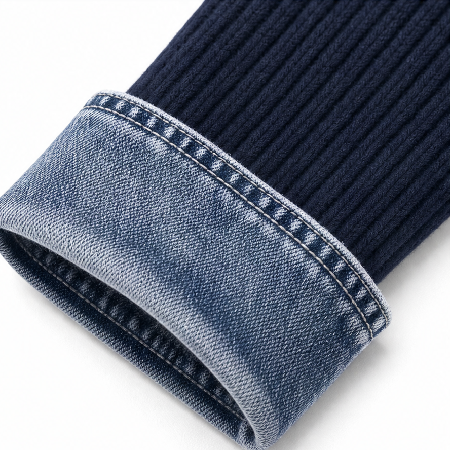 Spliced Denim Ribbed-Knit Longline Jacket