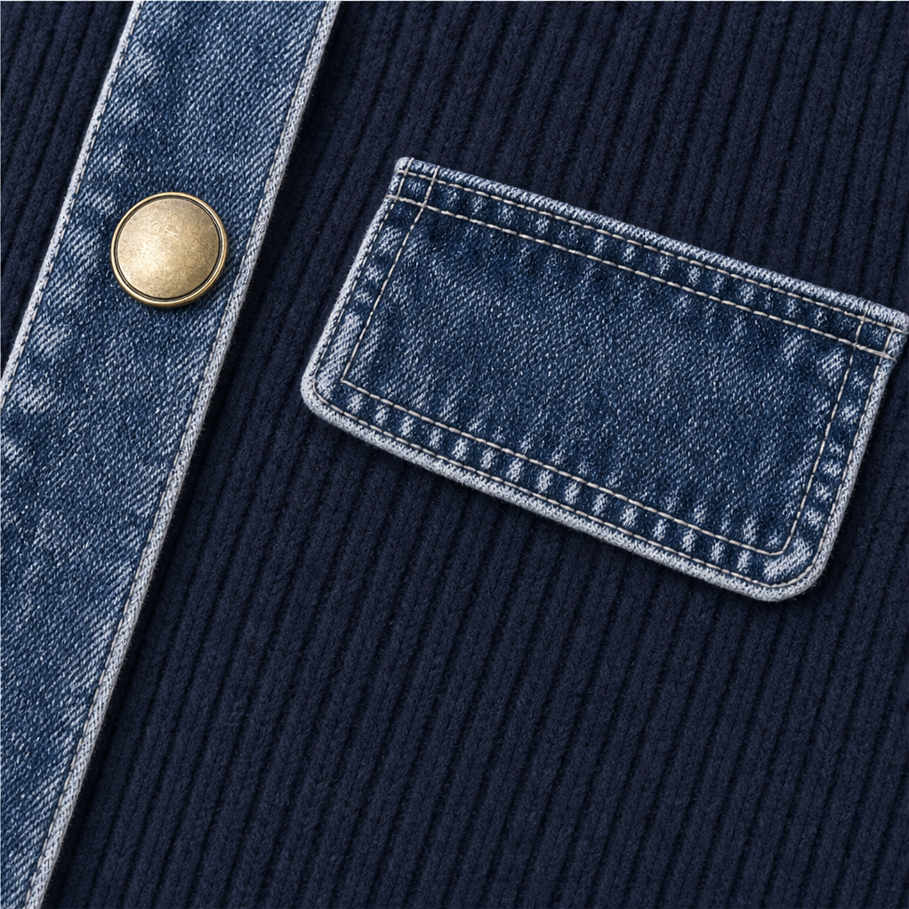 Spliced Denim Ribbed-Knit Longline Jacket
