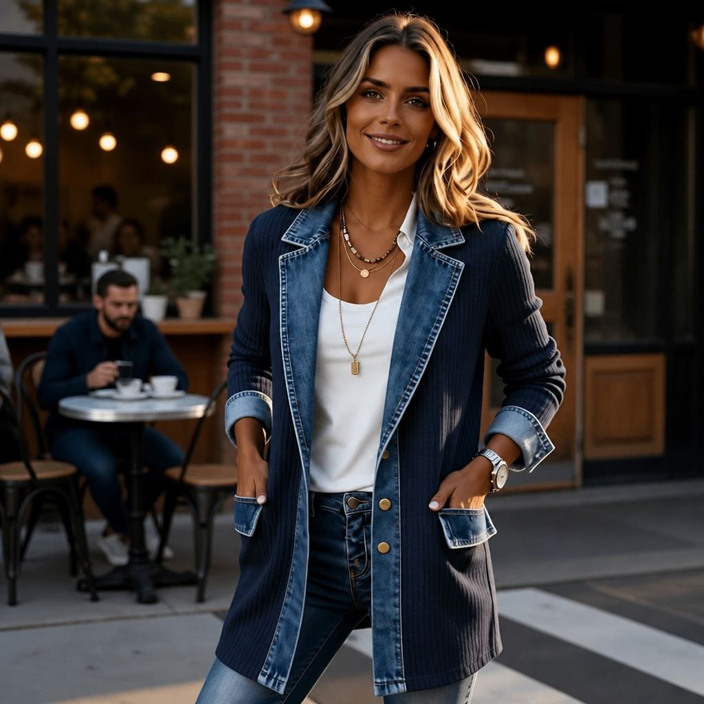 Spliced Denim Ribbed-Knit Longline Jacket