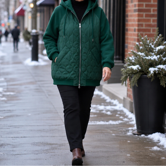 Dark green quilted hooded puffer jacket, full-zip front, long sleeves and elastic hem