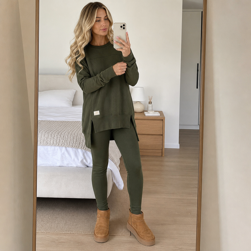 Army green top and leggings set, shown full length with a relaxed tunic fit