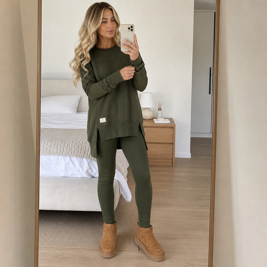 Army green top and leggings set, shown full length with a relaxed tunic fit