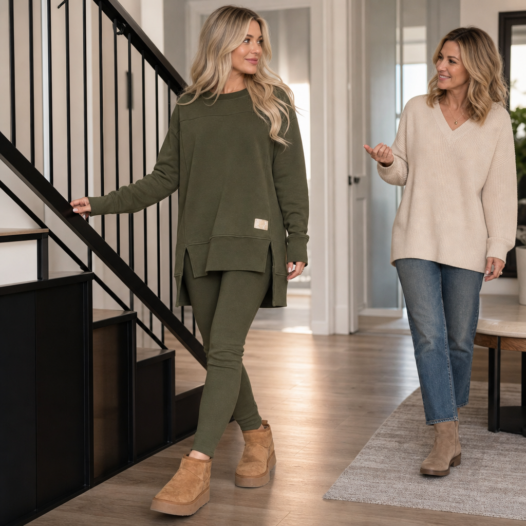 Army green split-sleeve tunic and fitted pants set, shown from the front