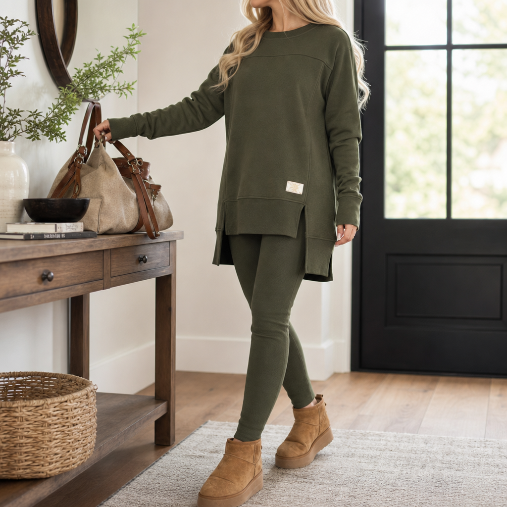 Army green tunic and pants set with a long split hem
