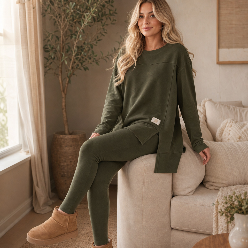 Army green split-sleeve tunic and leggings set, shown seated