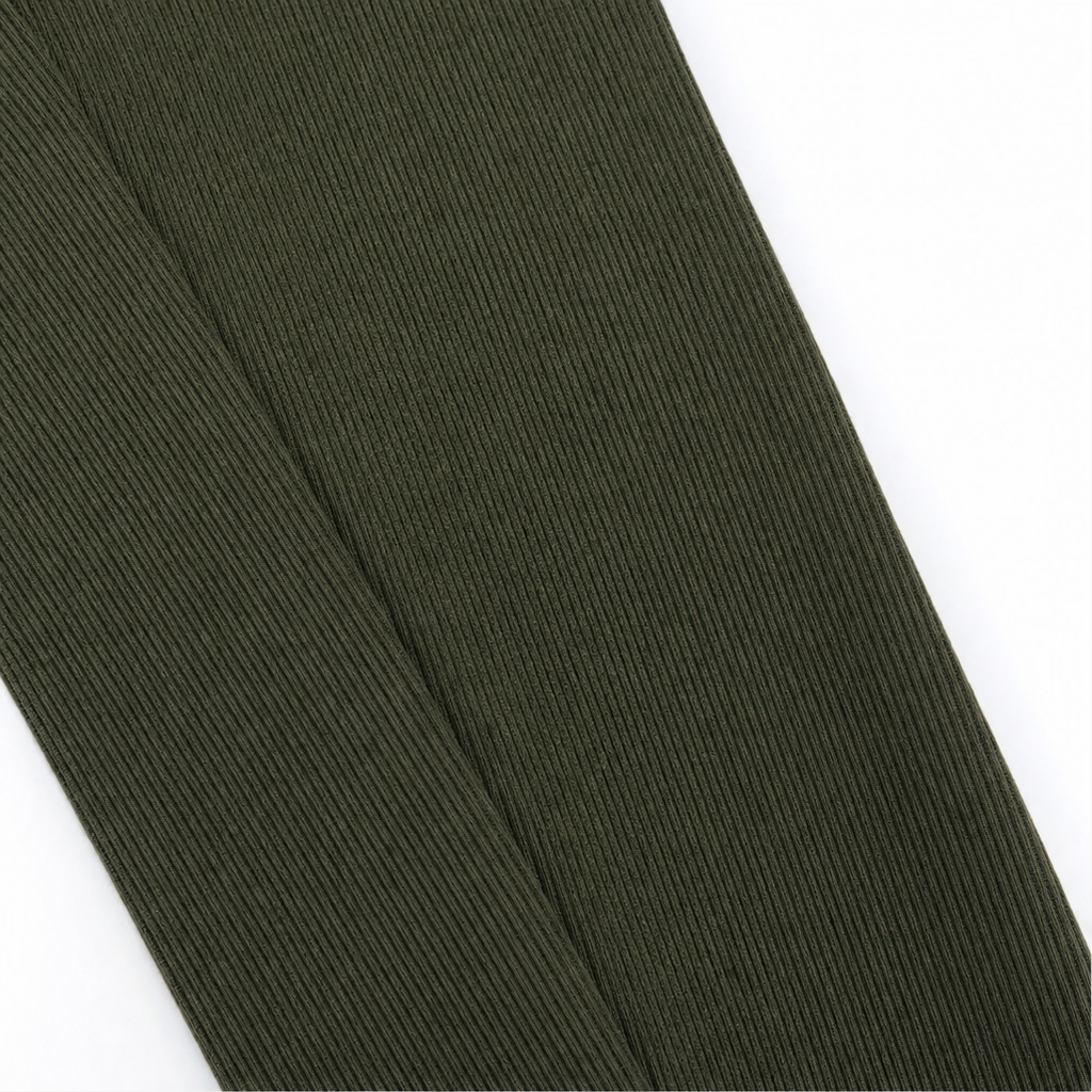 Army green pants fabric close-up showing fine ribbed texture