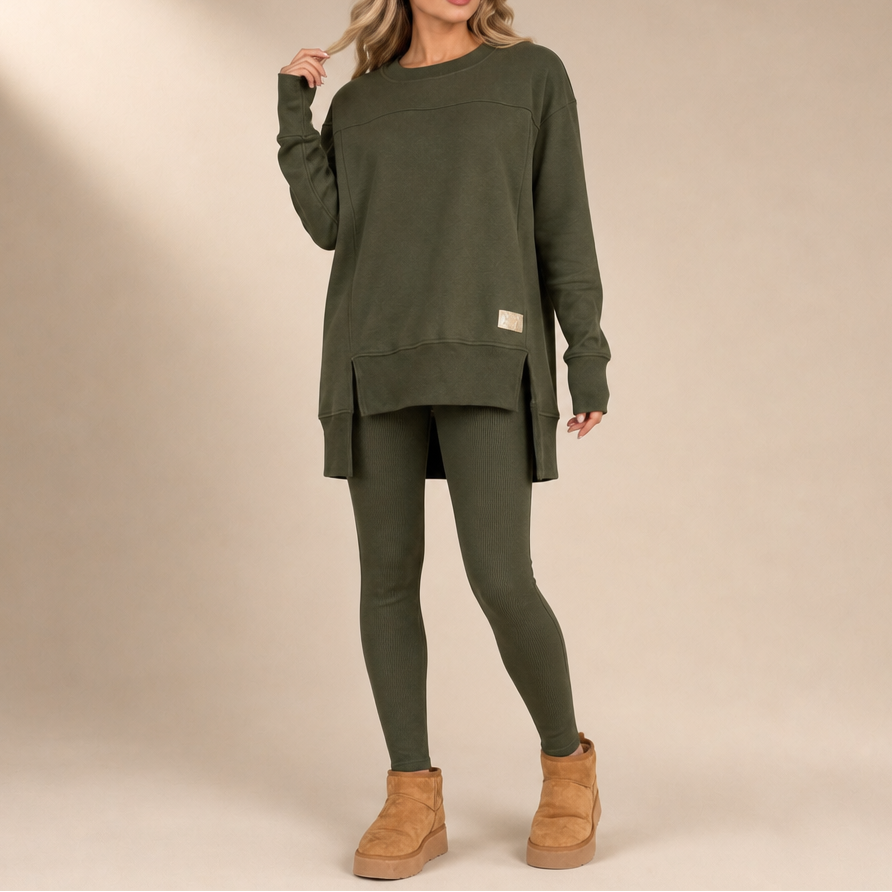 Army green top and pants set with a long split-hem top and fitted pants