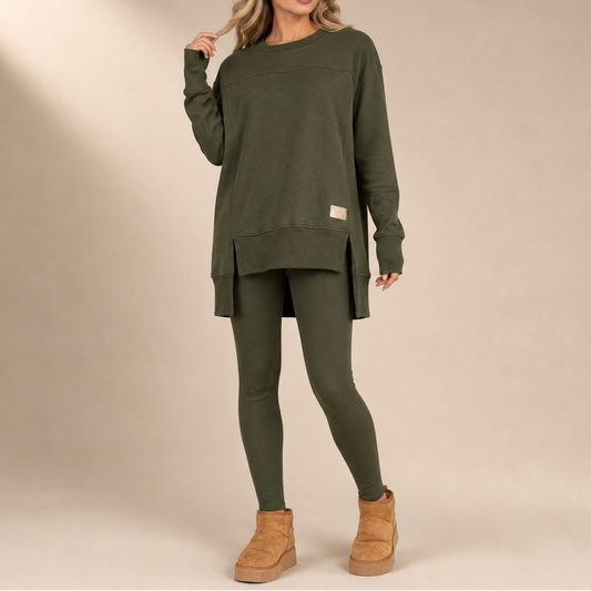 Army green top and pants set with a long split-hem top and fitted pants
