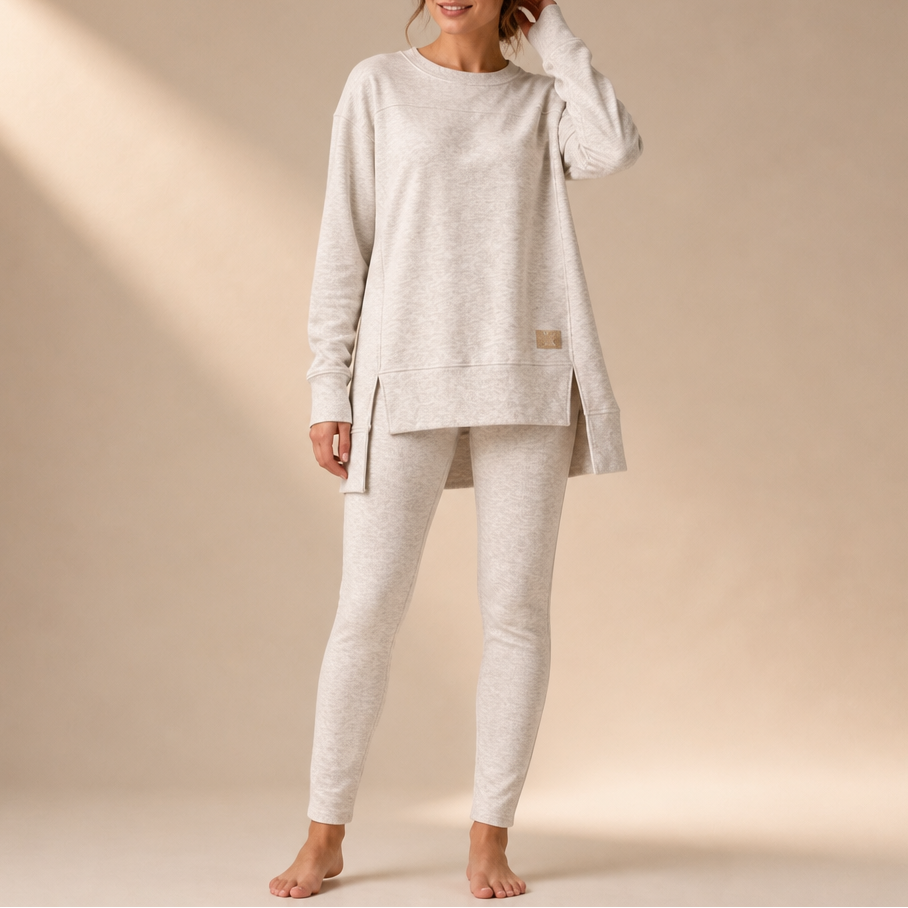 Cream top and pants set with a long split-hem top and fitted pants