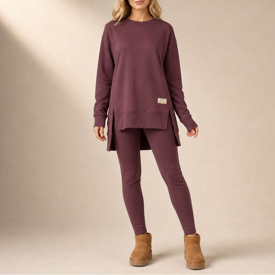 Reddish brown top and pants set with a long split-hem top and fitted pants