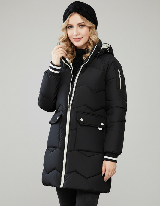 Black hooded longline puffer coat with zip front and snap pocket detail