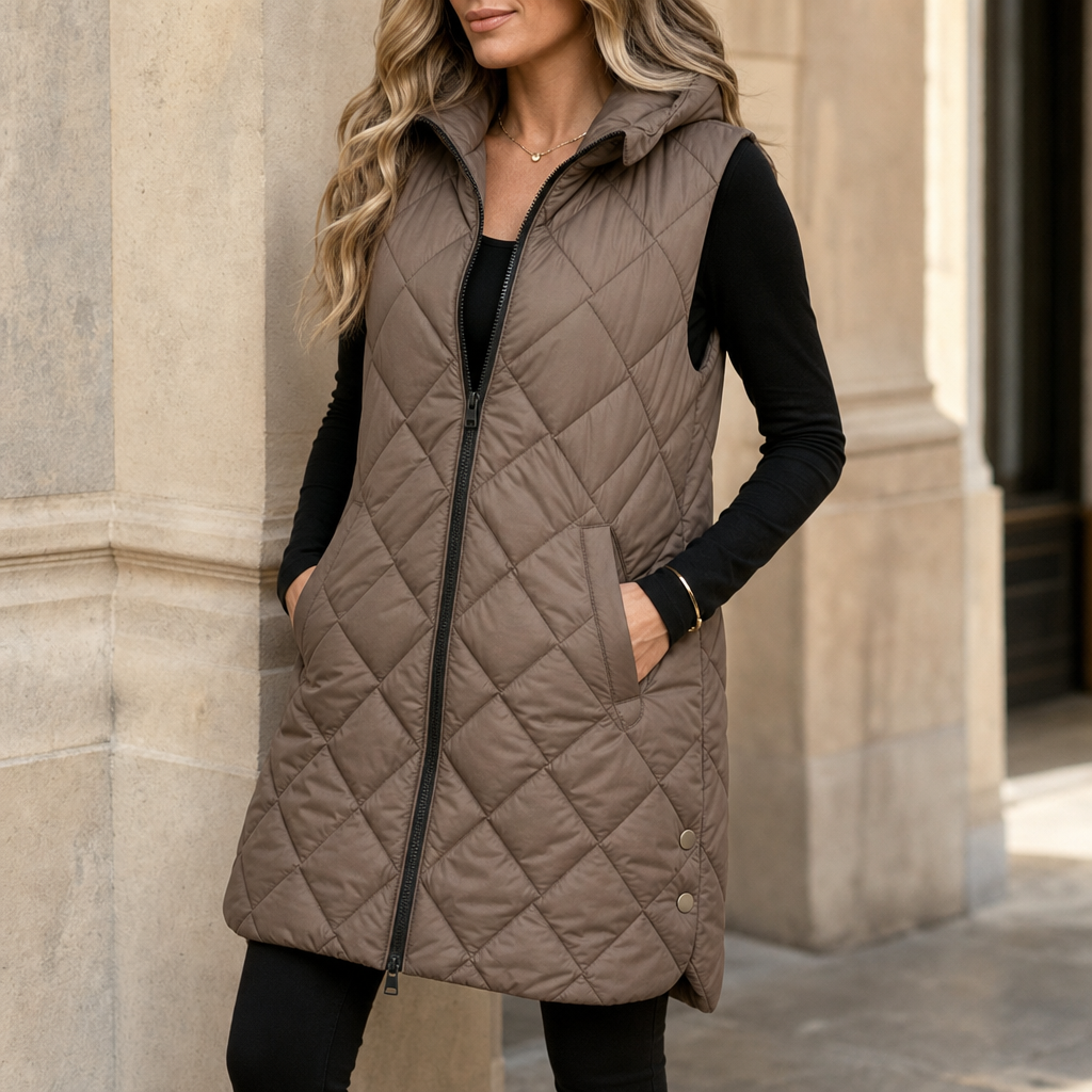 Square-quilted longline hooded vest in brown with full front zipper and side pockets