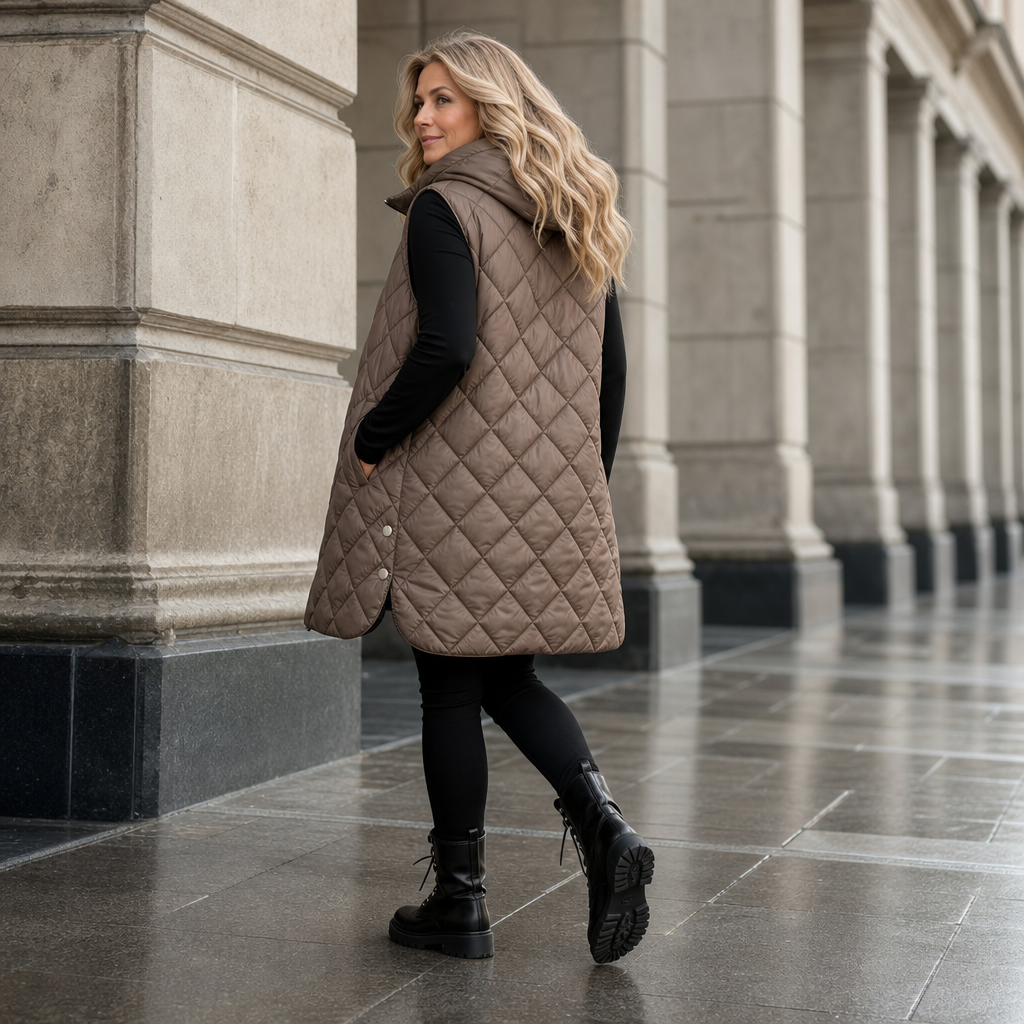 Brown square-quilted longline hooded vest with diagonal quilt pattern and front zipper