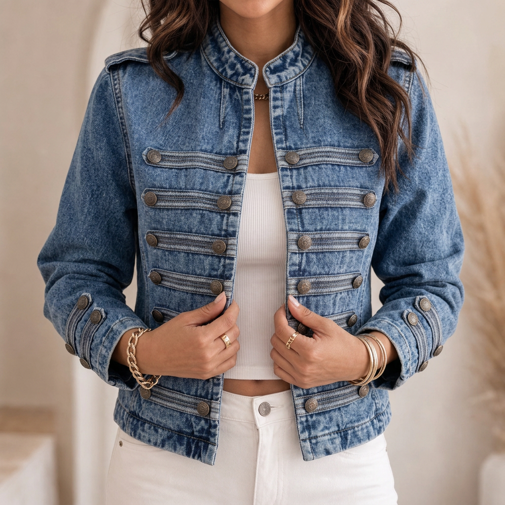 Standing Collar Multi-Button Denim Jacket
