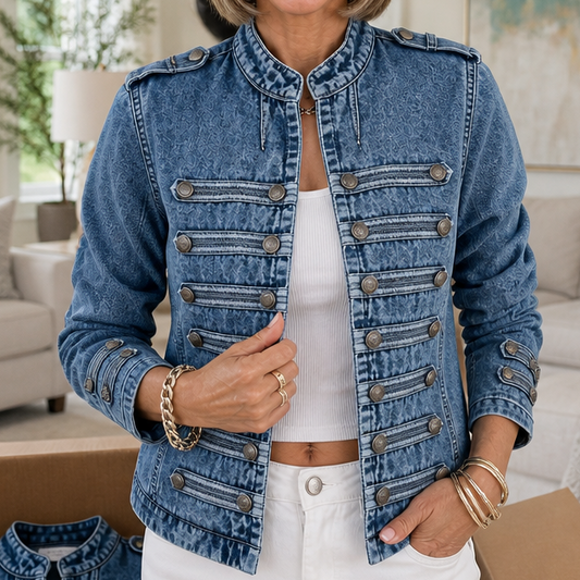 Blue denim jacket featuring standing collar, multi-button front, and chest flap pockets