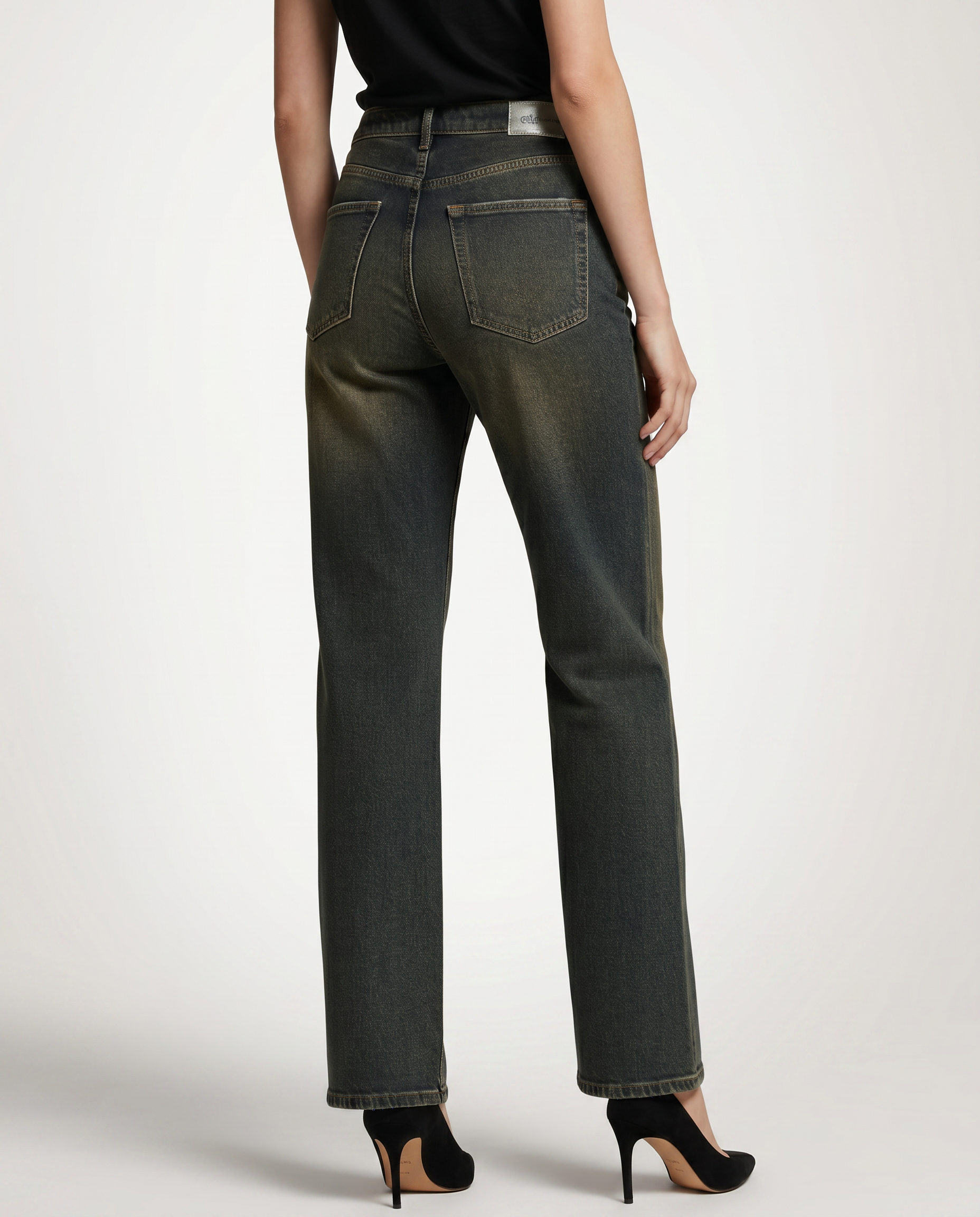 High-waist straight-leg denim jeans, dark green wash, back pockets and belt loops
