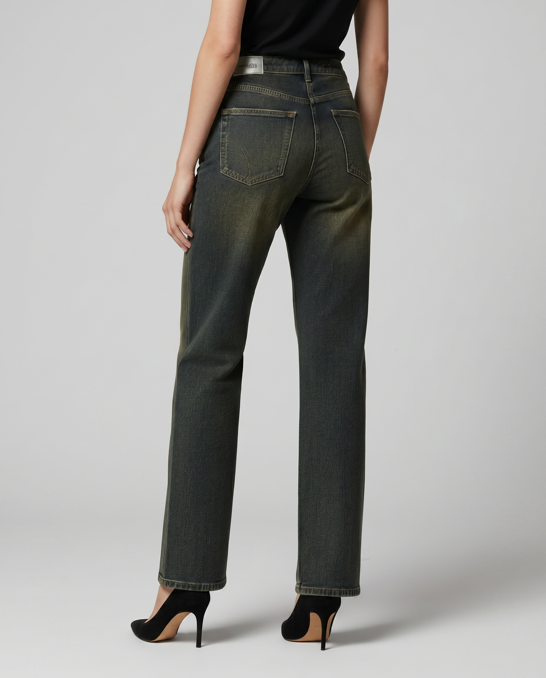 High-waist straight-leg denim jeans, dark green wash, button fly and front pockets