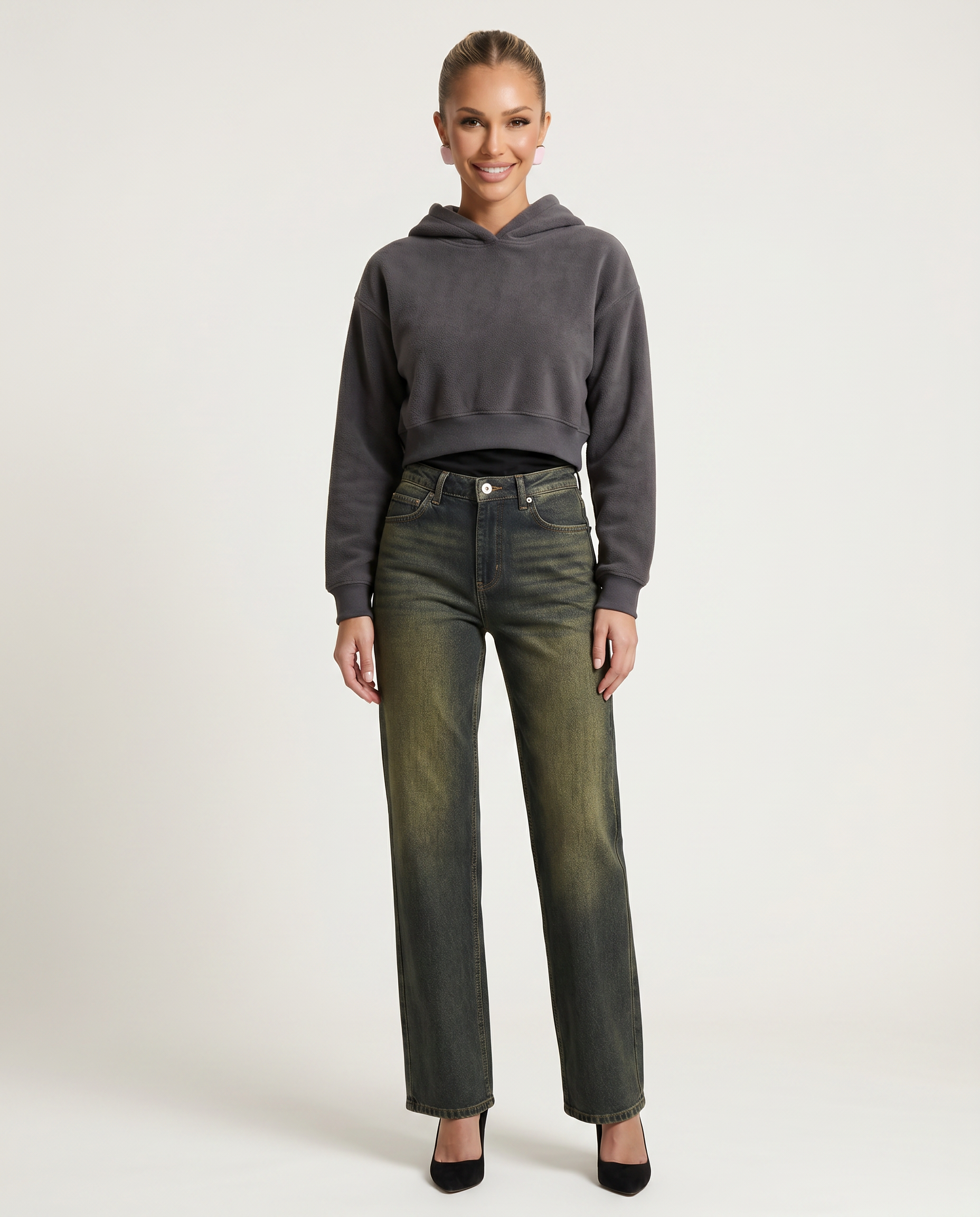High-waist straight-leg denim jeans, dark green wash, metal button and front pockets