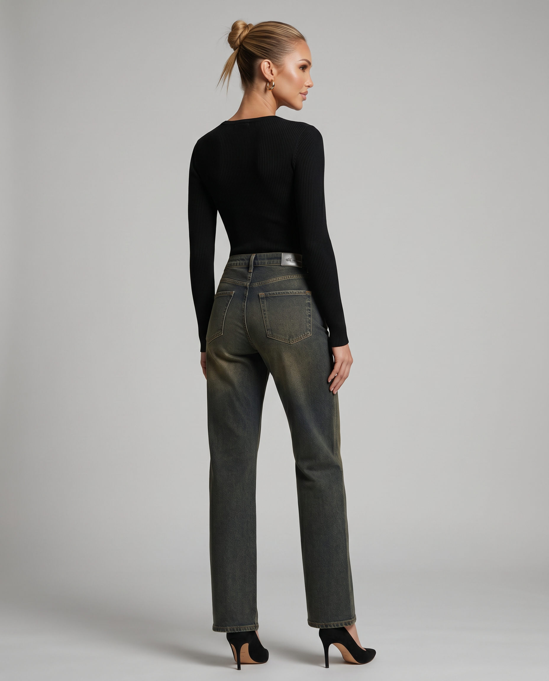 High-waist straight-leg denim jeans, dark green wash, back view with yoke and pockets