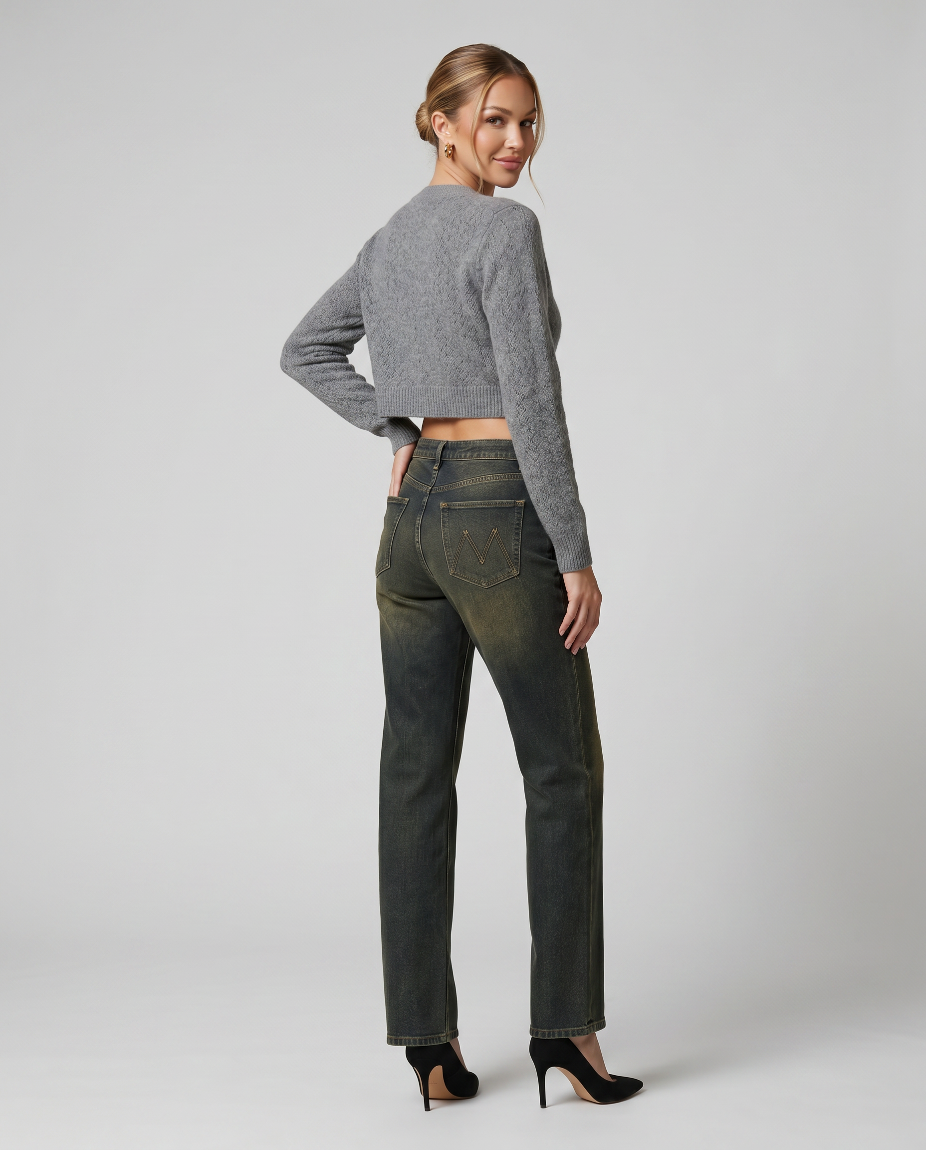 High-waist straight-leg denim jeans, dark green wash, back pockets and yoke detail