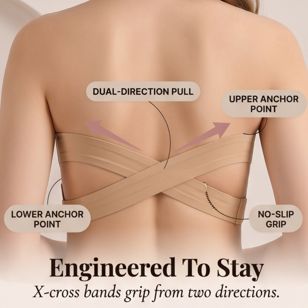 Camel strapless bra back with crossover bands and wide anchor points