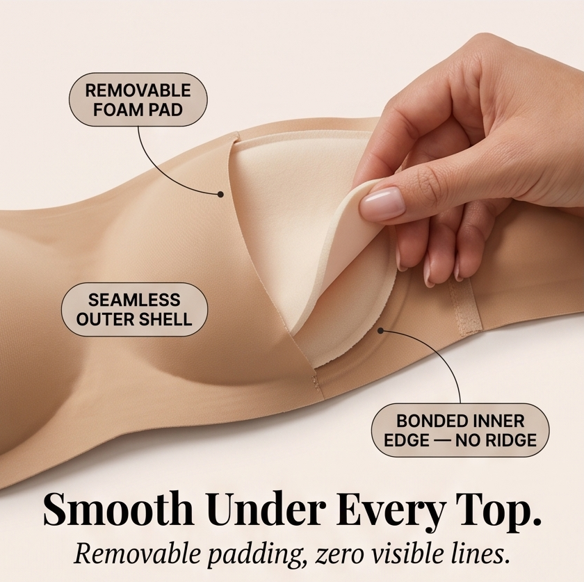 Camel strapless bra detail showing removable foam padding and seamless shell