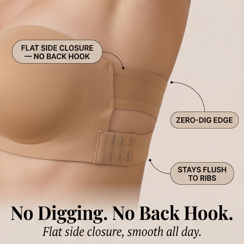 Camel strapless bra detail showing flat side closure and smooth edge