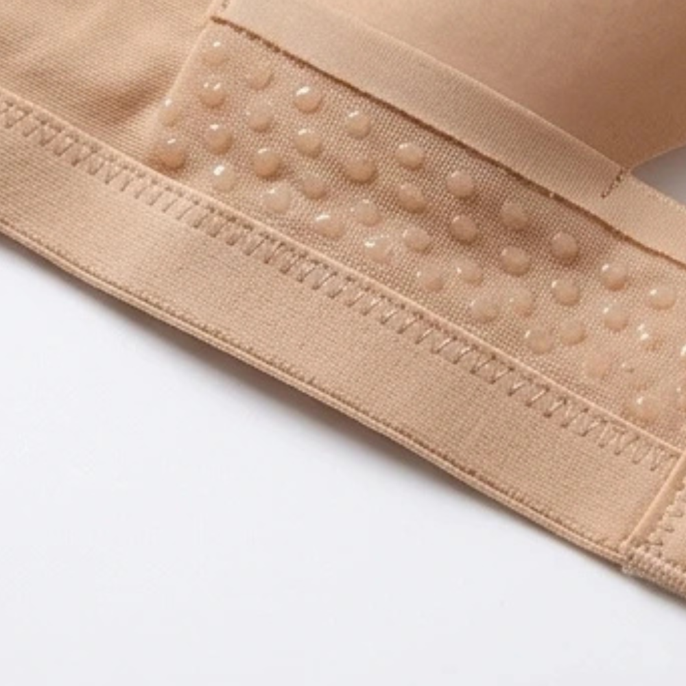 Strapless bra close-up showing textured silicone grip dots and stitched band