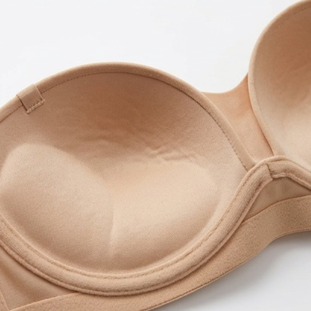 Strapless bra close-up of molded cups and curved underband