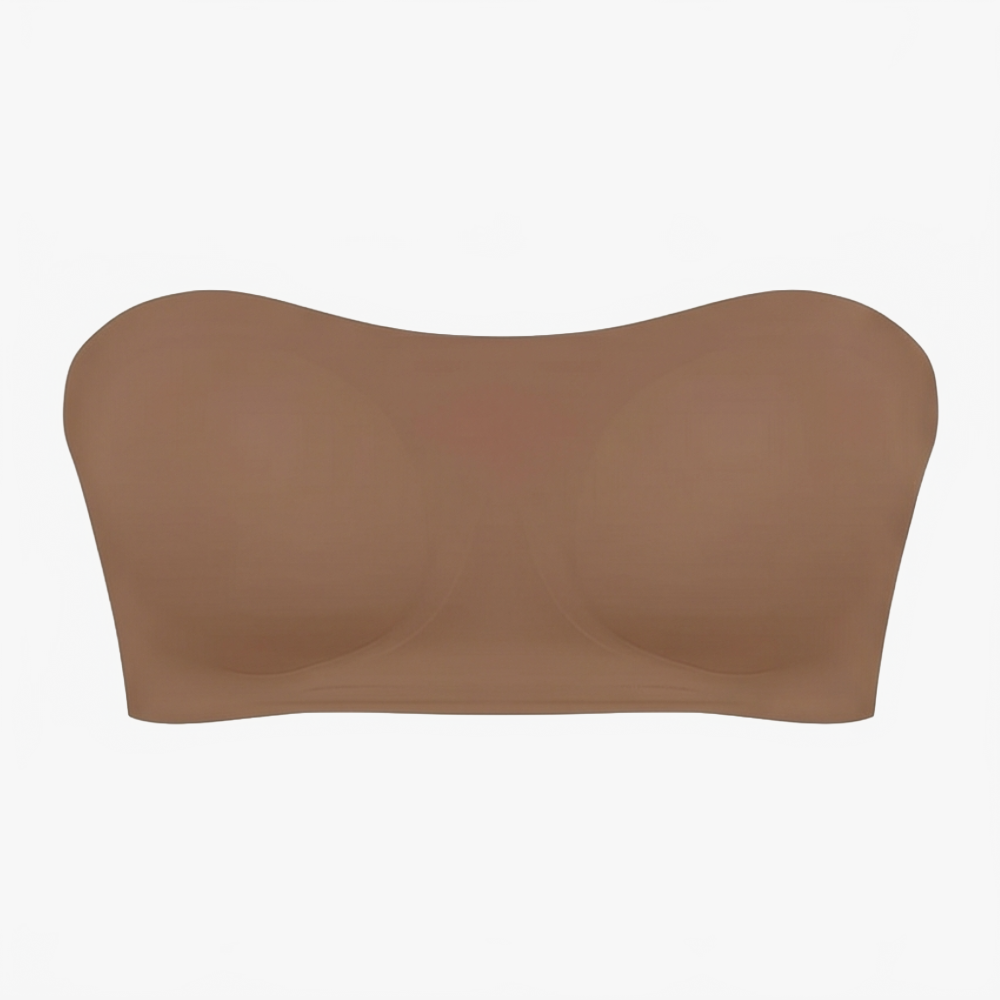 Brown strapless bra with molded cups and a smooth front