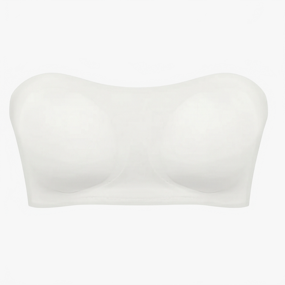 White strapless bra with molded cups and a smooth front