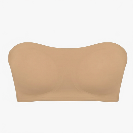 Camel strapless bra with molded cups and a smooth front