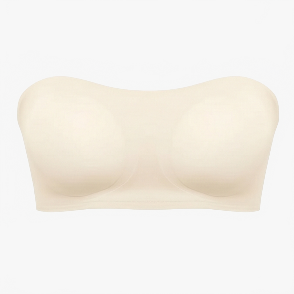 Cream strapless bra with molded cups and a smooth front