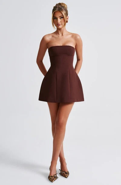 Brown strapless bubble mini dress with seamed bodice and flared skirt