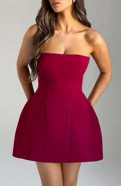 Wine red strapless bubble mini dress with seamed waist and flared skirt